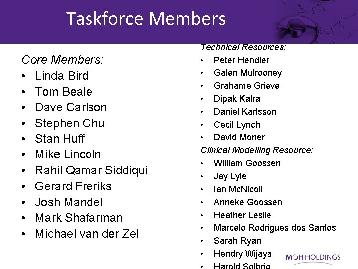 Taskforce Members Core Members: • Linda Bird • Tom Beale • Dave Carlson •