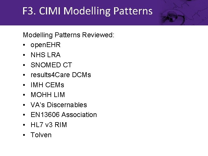 F 3. CIMI Modelling Patterns Reviewed: • open. EHR • NHS LRA • SNOMED