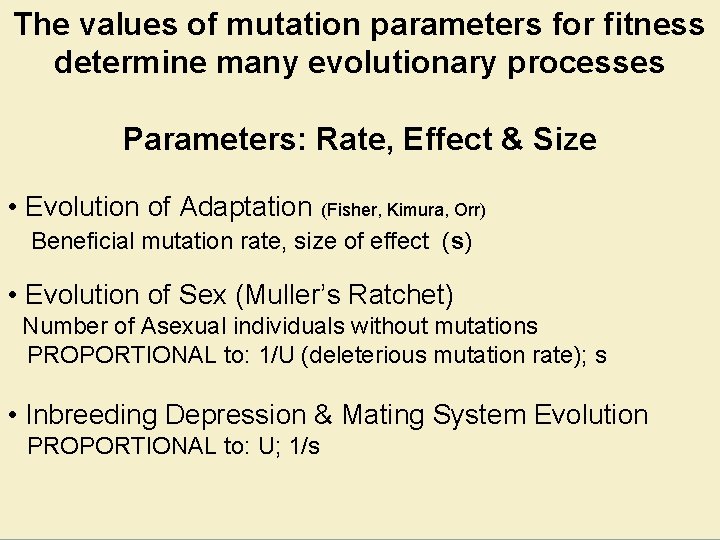 The values of mutation parameters for fitness determine many evolutionary processes Parameters: Rate, Effect