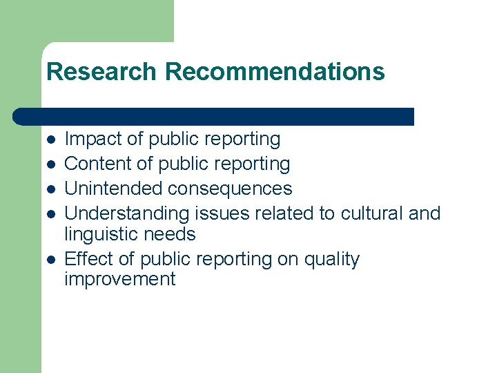 Research Recommendations Impact of public reporting Content of public reporting Unintended consequences Understanding issues
