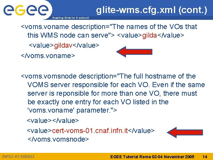 glite-wms. cfg. xml (cont. ) Enabling Grids for E-scienc. E <voms. voname description="The names
