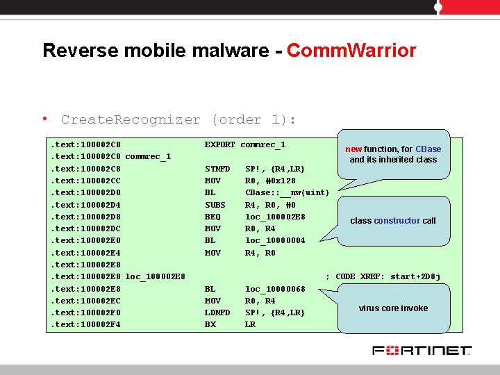 Reverse mobile malware - Comm. Warrior • Create. Recognizer (order 1): . text: 100002