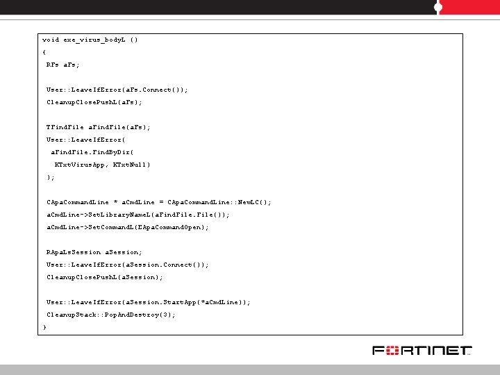 void exe_virus_body. L () { RFs a. Fs; User: : Leave. If. Error(a. Fs.
