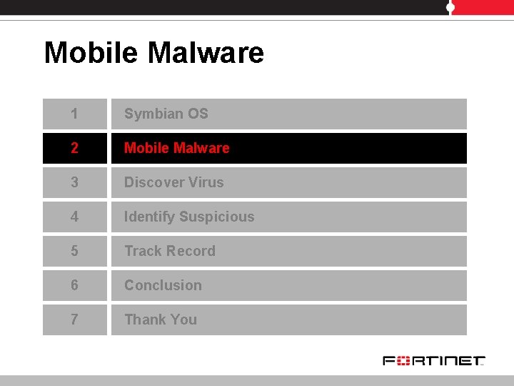 Mobile Malware 1 Symbian OS 2 Mobile Malware 3 Discover Virus 4 Identify Suspicious