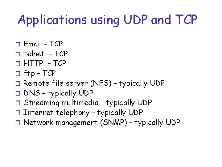 Applications using UDP and TCP r Email – TCP r telnet – TCP r