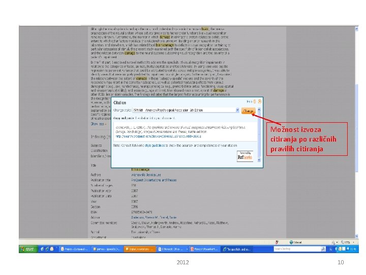 Možnost izvoza citiranja po različnih pravilih citiranja 2012 10 