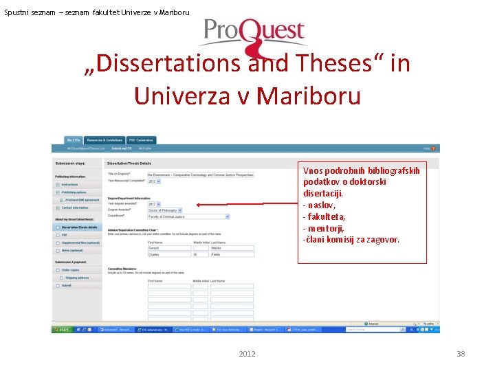 Spustni seznam – seznam fakultet Univerze v Mariboru „Dissertations and Theses“ in Univerza v
