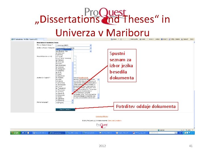 „Dissertations and Theses“ in Univerza v Mariboru Spustni seznam za izbor jezika besedila dokumenta