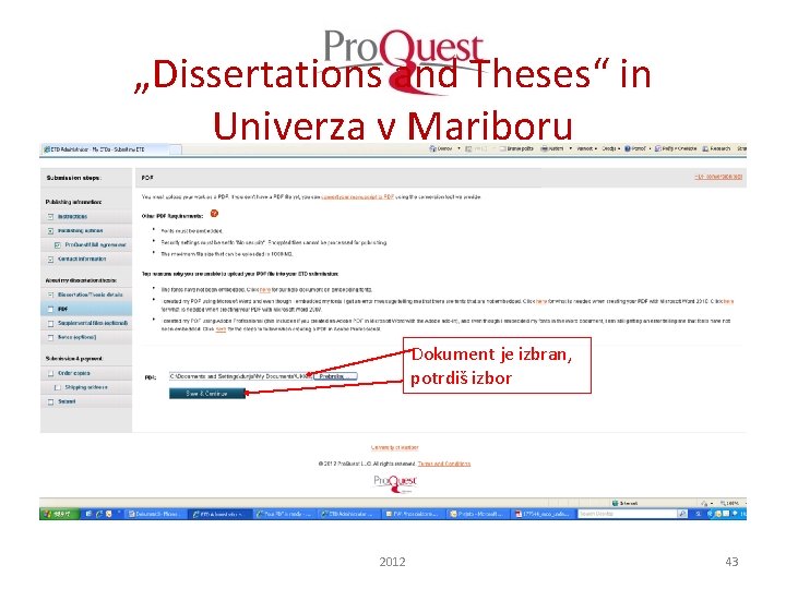 „Dissertations and Theses“ in Univerza v Mariboru Dokument je izbran, potrdiš izbor 2012 43