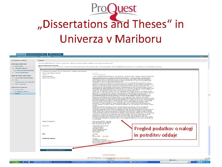 „Dissertations and Theses“ in Univerza v Mariboru Pregled podatkov o nalogi in potrditev oddaje