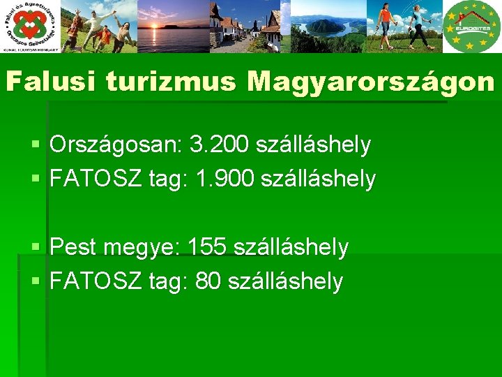 Falusi turizmus Magyarországon § Országosan: 3. 200 szálláshely § FATOSZ tag: 1. 900 szálláshely