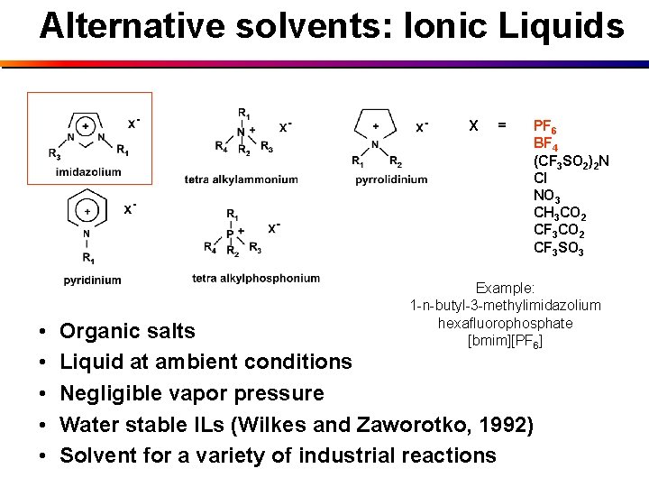 Alternative solvents: Ionic Liquids X • • • = PF 6 BF 4 (CF