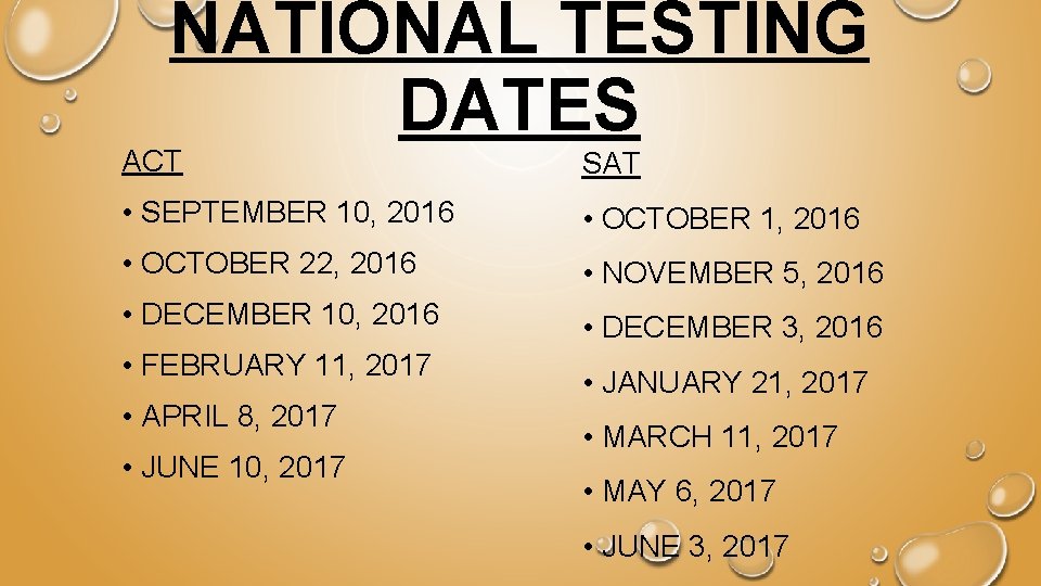 NATIONAL TESTING DATES ACT SAT • SEPTEMBER 10, 2016 • OCTOBER 1, 2016 •