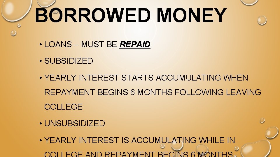 BORROWED MONEY • LOANS – MUST BE REPAID • SUBSIDIZED • YEARLY INTEREST STARTS