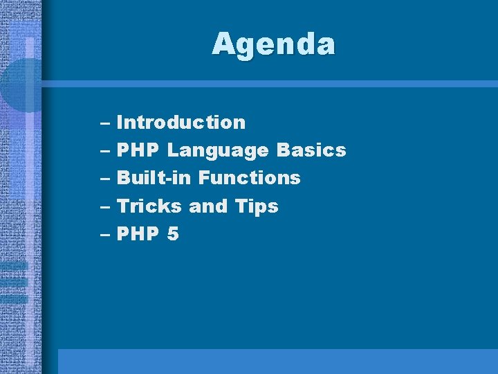 Agenda – Introduction – PHP Language Basics – Built-in Functions – Tricks and Tips