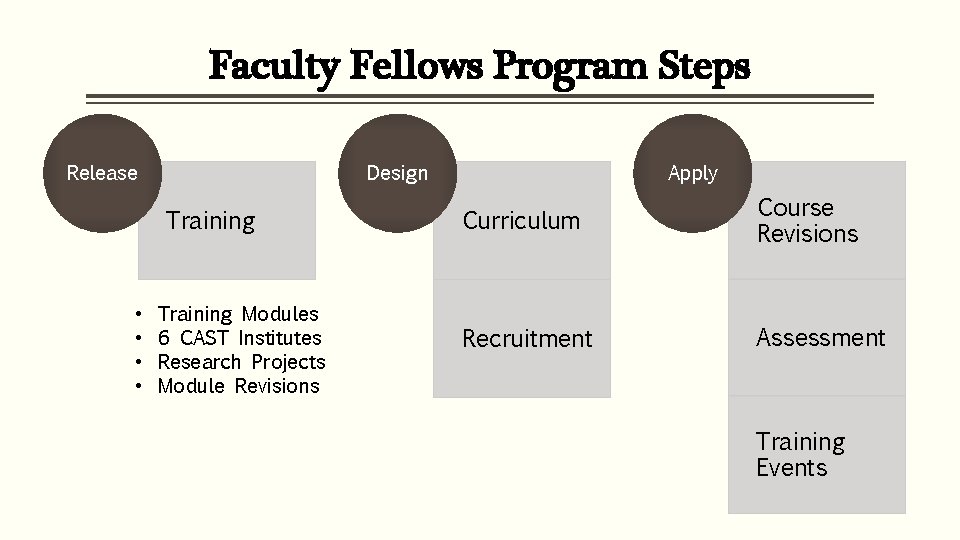 Faculty Fellows Program Steps Release Design Training • • Training Modules 6 CAST Institutes