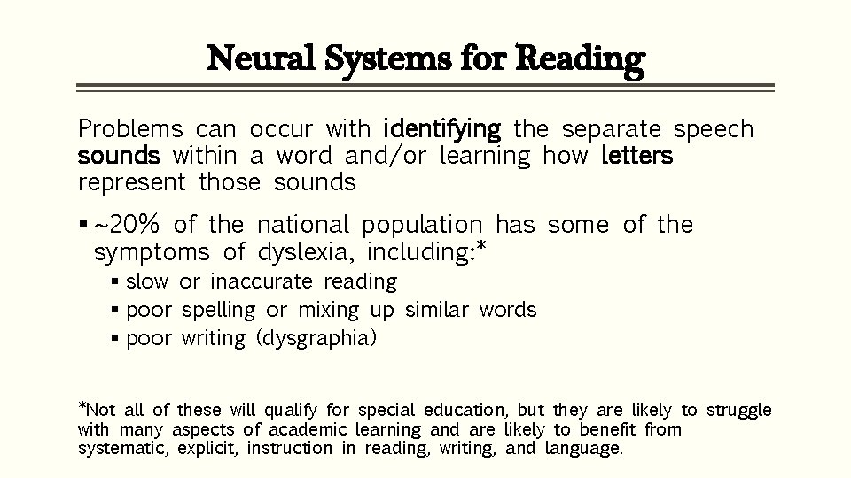 Neural Systems for Reading Problems can occur with identifying the separate speech sounds within