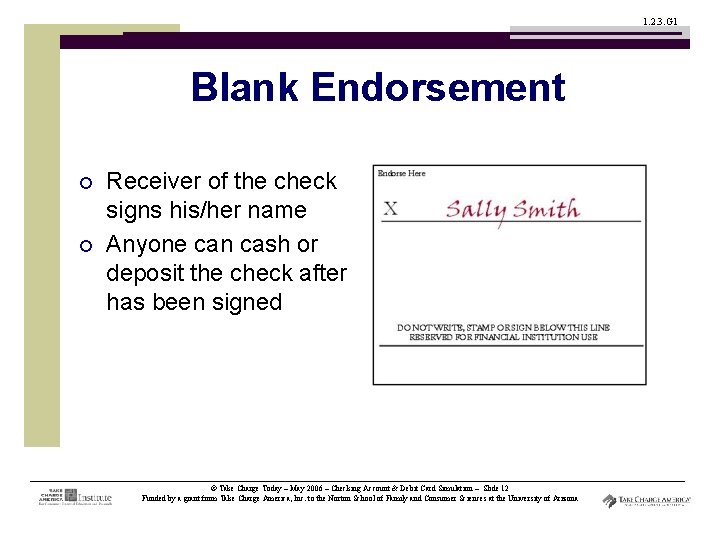 1. 2. 3. G 1 Blank Endorsement ¡ ¡ Receiver of the check signs