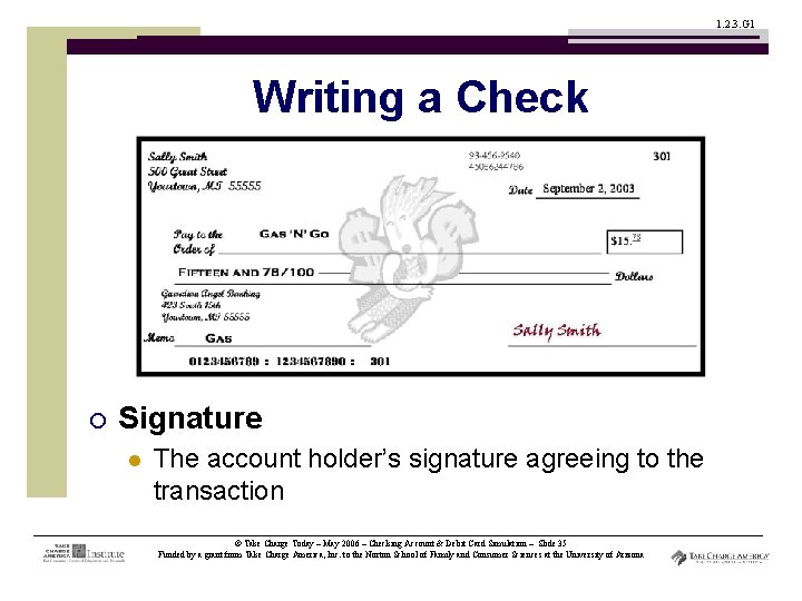 1. 2. 3. G 1 Writing a Check ¡ Signature l The account holder’s