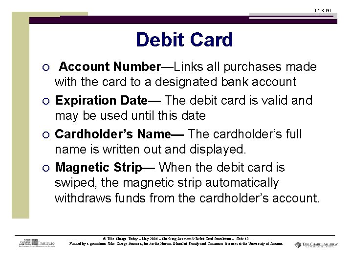 1. 2. 3. G 1 Debit Card ¡ ¡ Account Number—Links all purchases made