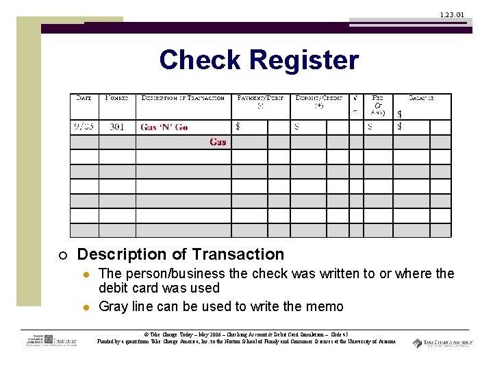 1. 2. 3. G 1 Check Register ¡ Description of Transaction l l The