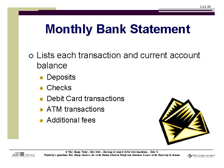 1. 2. 3. G 1 Monthly Bank Statement ¡ Lists each transaction and current