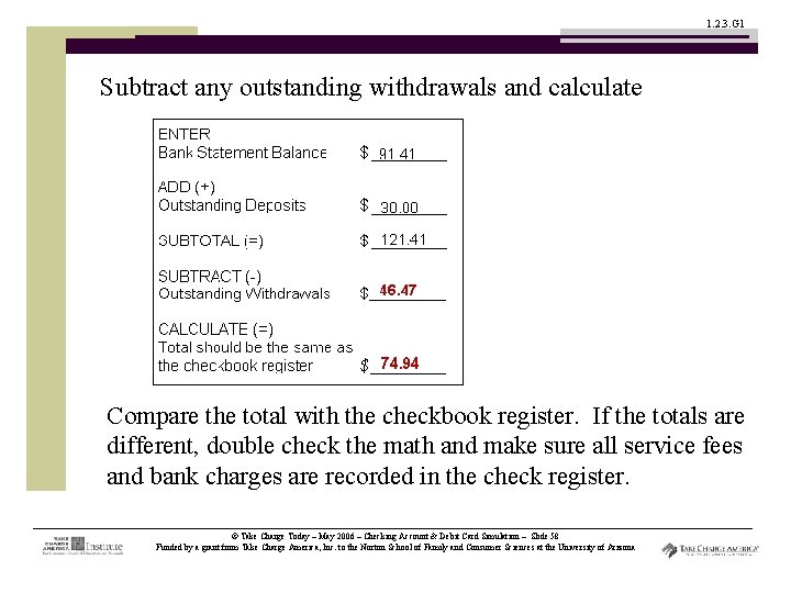 1. 2. 3. G 1 Subtract any outstanding withdrawals and calculate Compare the total