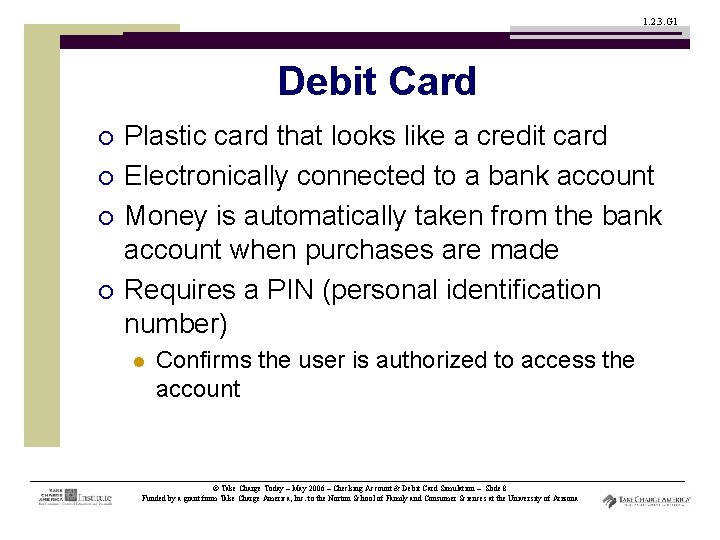 1. 2. 3. G 1 Debit Card ¡ ¡ Plastic card that looks like