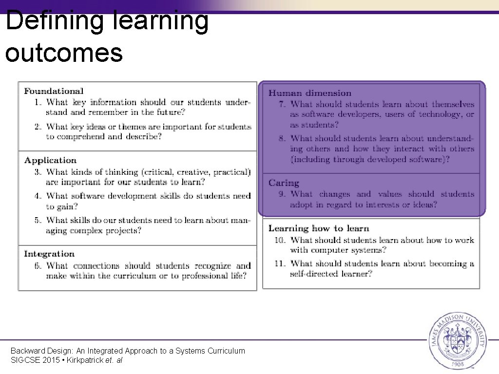 Defining learning outcomes Backward Design: An Integrated Approach to a Systems Curriculum SIGCSE 2015