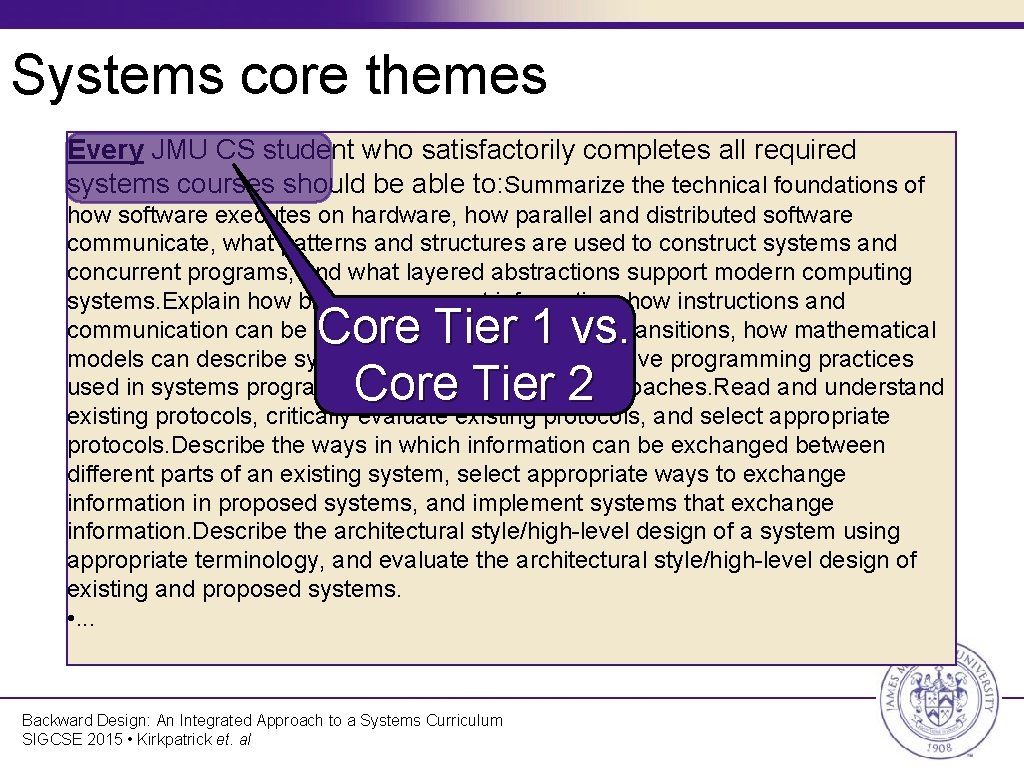 Systems core themes Every JMU CS student who satisfactorily completes all required systems courses
