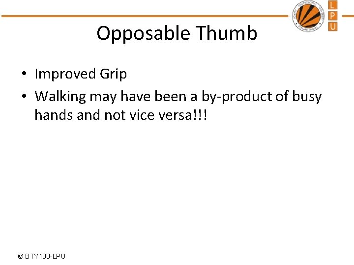 Opposable Thumb • Improved Grip • Walking may have been a by-product of busy