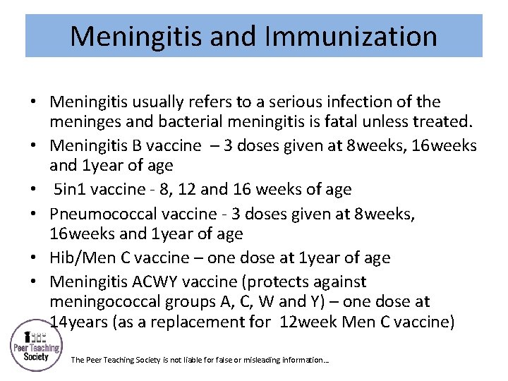 Meningitis and Immunization • Meningitis usually refers to a serious infection of the meninges
