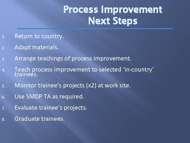 Process Improvement Next Steps 1. Return to country. 2. Adapt materials. 3. Arrange teachings