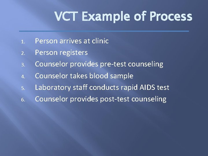 VCT Example of Process 1. 2. 3. 4. 5. 6. Person arrives at clinic