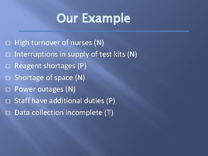 Our Example � � � � High turnover of nurses (N) Interruptions in supply
