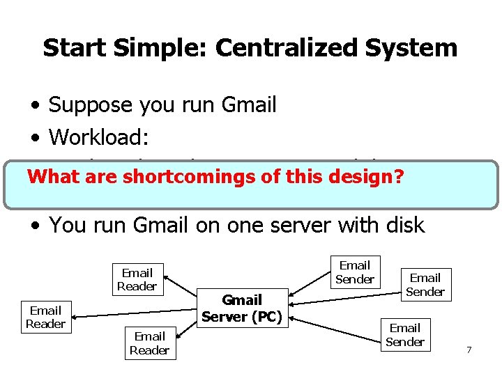 Start Simple: Centralized System • Suppose you run Gmail • Workload: – Inbound email