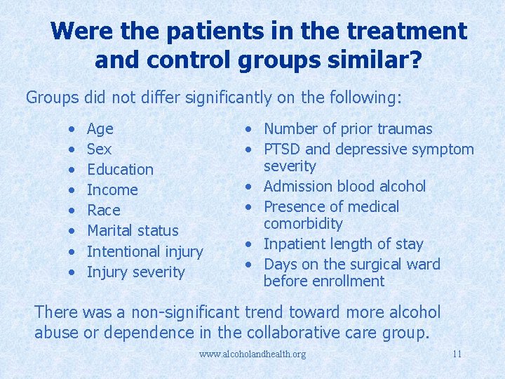 Were the patients in the treatment and control groups similar? Groups did not differ