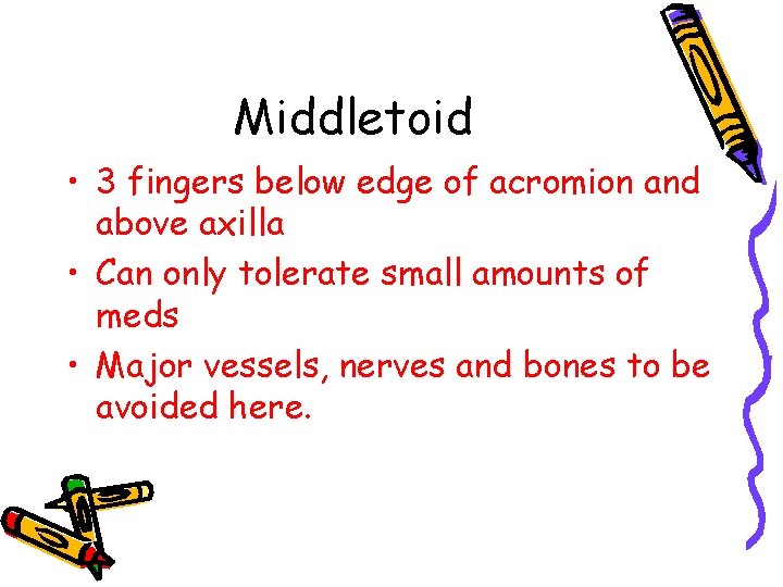 Middletoid • 3 fingers below edge of acromion and above axilla • Can only