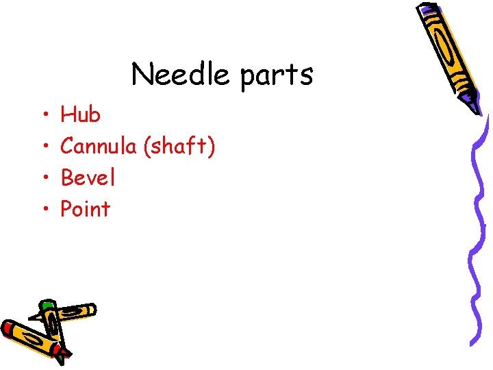 Needle parts • • Hub Cannula (shaft) Bevel Point 
