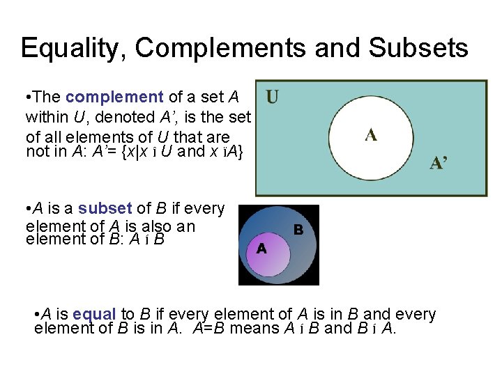 Equality, Complements and Subsets • The complement of a set A within U, denoted