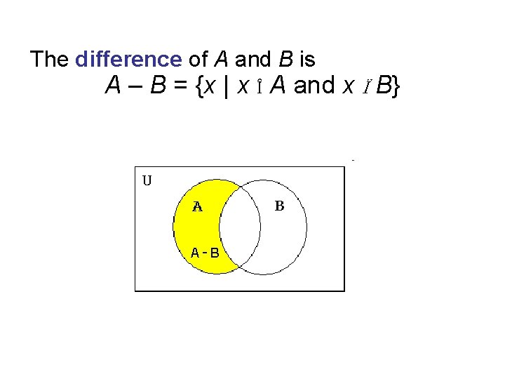 The difference of A and B is A – B = {x | x