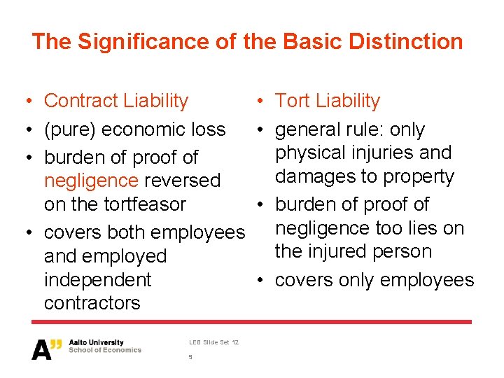 The Significance of the Basic Distinction • Contract Liability • (pure) economic loss •