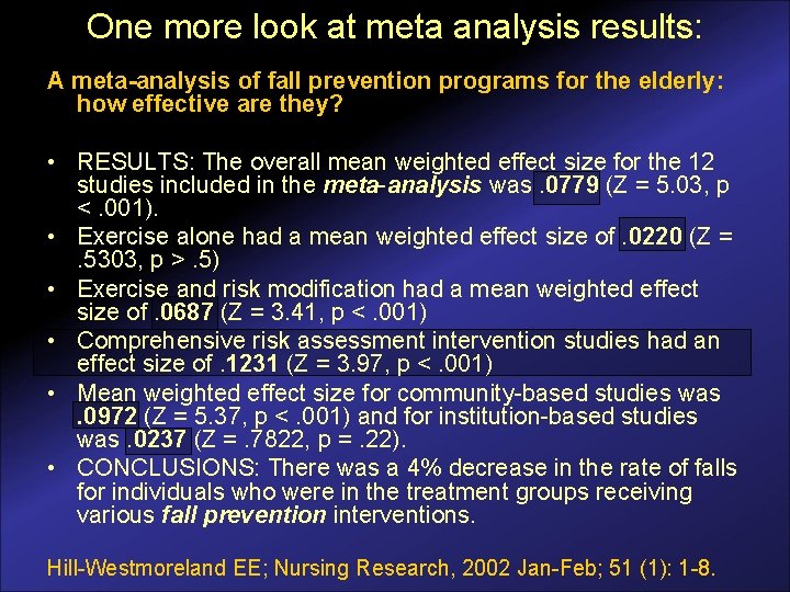 One more look at meta analysis results: A meta-analysis of fall prevention programs for