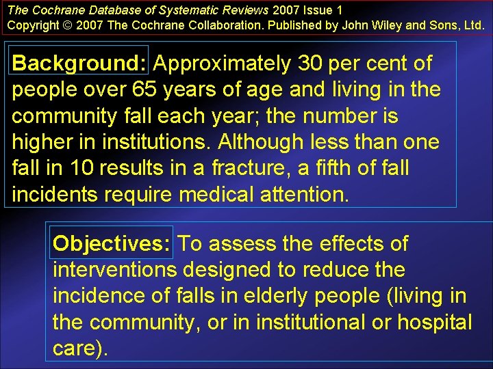 The Cochrane Database of Systematic Reviews 2007 Issue 1 Copyright © 2007 The Cochrane