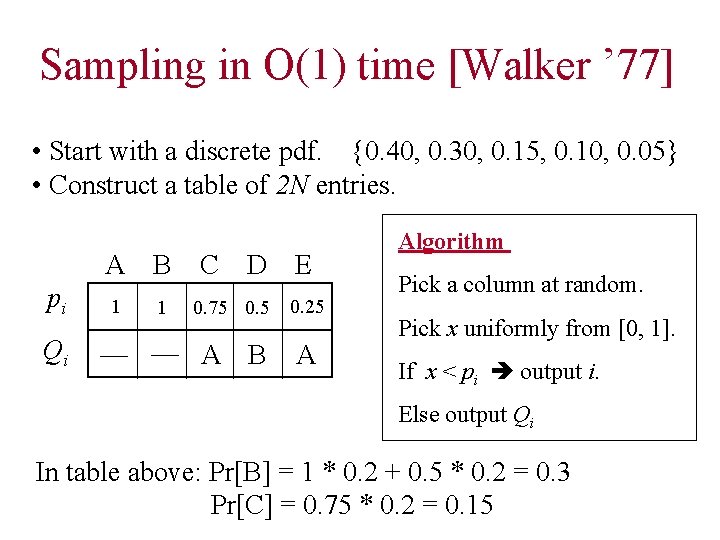 Sampling in O(1) time [Walker ’ 77] • Start with a discrete pdf. {0.