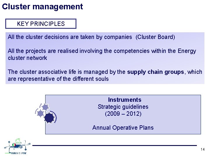 Cluster management KEY PRINCIPLES All the cluster decisions are taken by companies (Cluster Board)