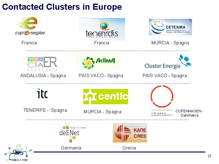 Contacted Clusters in Europe Francia ANDALUSIA - Spagna MURCIA - Spagna PAIS VACO -