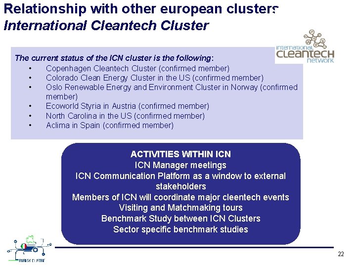 Relationship with other european clusters International Cleantech Cluster The current status of the ICN