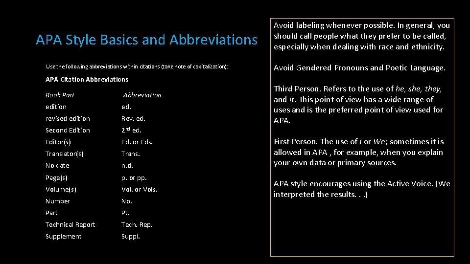 APA Style Basics and Abbreviations Use the following abbreviations within citations (take note of