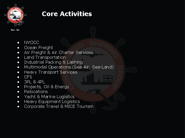 Core Activities • • • • NVOCC Ocean Freight Air Freight & Air Charter